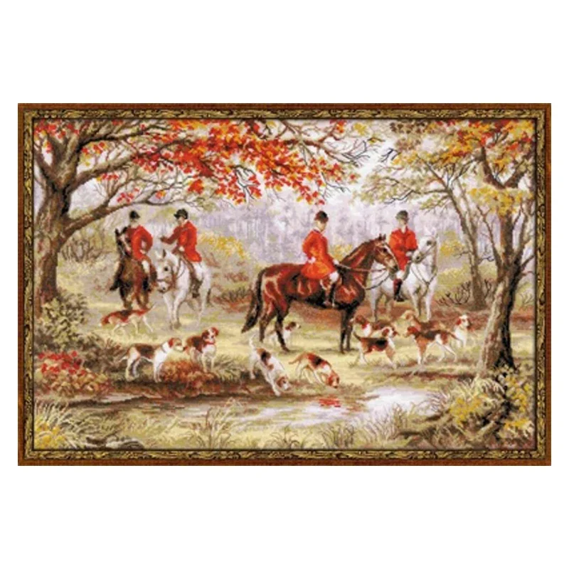 Amishop Free Delivery Top Quality Lovely Counted Cross Stitch Kit Hunting Riding Horses Dogs In The Woods Forest