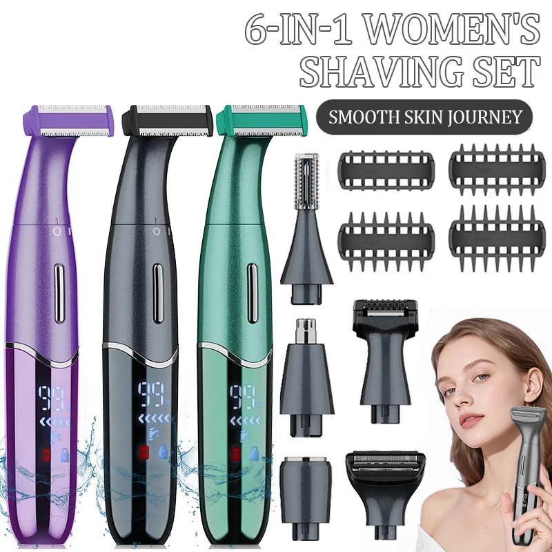 

Женская электробритва 6-в-1, борода, лицо, тело, женское бикини, рука, подмышка, нога, эпилятор, многофункциональный перезаряжаемый