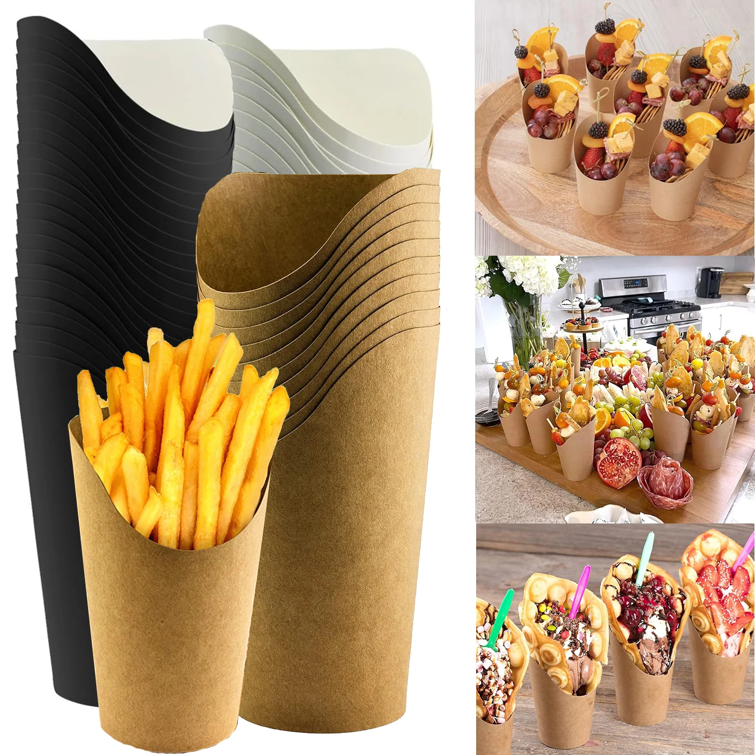 50Pcs French Fries Holder Disposable White Black Kraft Paper Popcorn Cups Holder Ice Cream Box Home Party Supplies