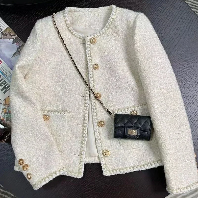 Woolen Temperament Korean Chic Short Coat Chic Tweed Blazer Outerwear Blazer Women Spring Autumn Women Tweed Jacket Round Neck