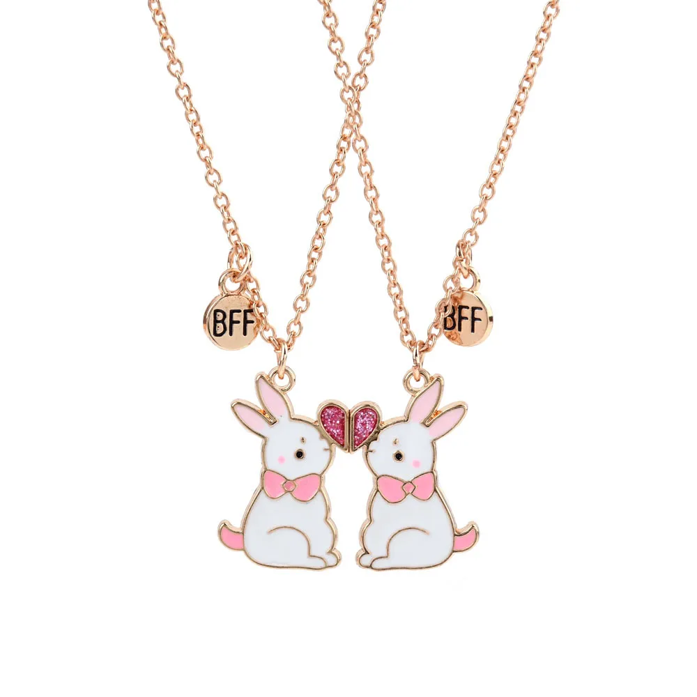 Lovecryst 2Pcs/set Cartoon Rabbit Magnetic Drip Oil Alloy Pendant Best Friend Necklace for Kids Girls Fashion Friendship Gifts