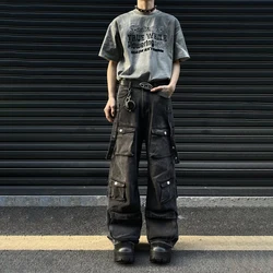 Black Cargo Jeans Men Baggy Multi-pocket Wide Leg Streetwear Trousers Summer 2024 Fashion Y2k Street Punk Vintage Denim Pants