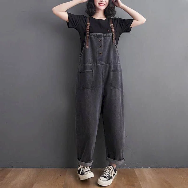 

Black Denim Jumpsuits for Women Korean Style Solid Playsuit Wide Leg Pants Loose Trousers Oversized Overalls for Women Clothes