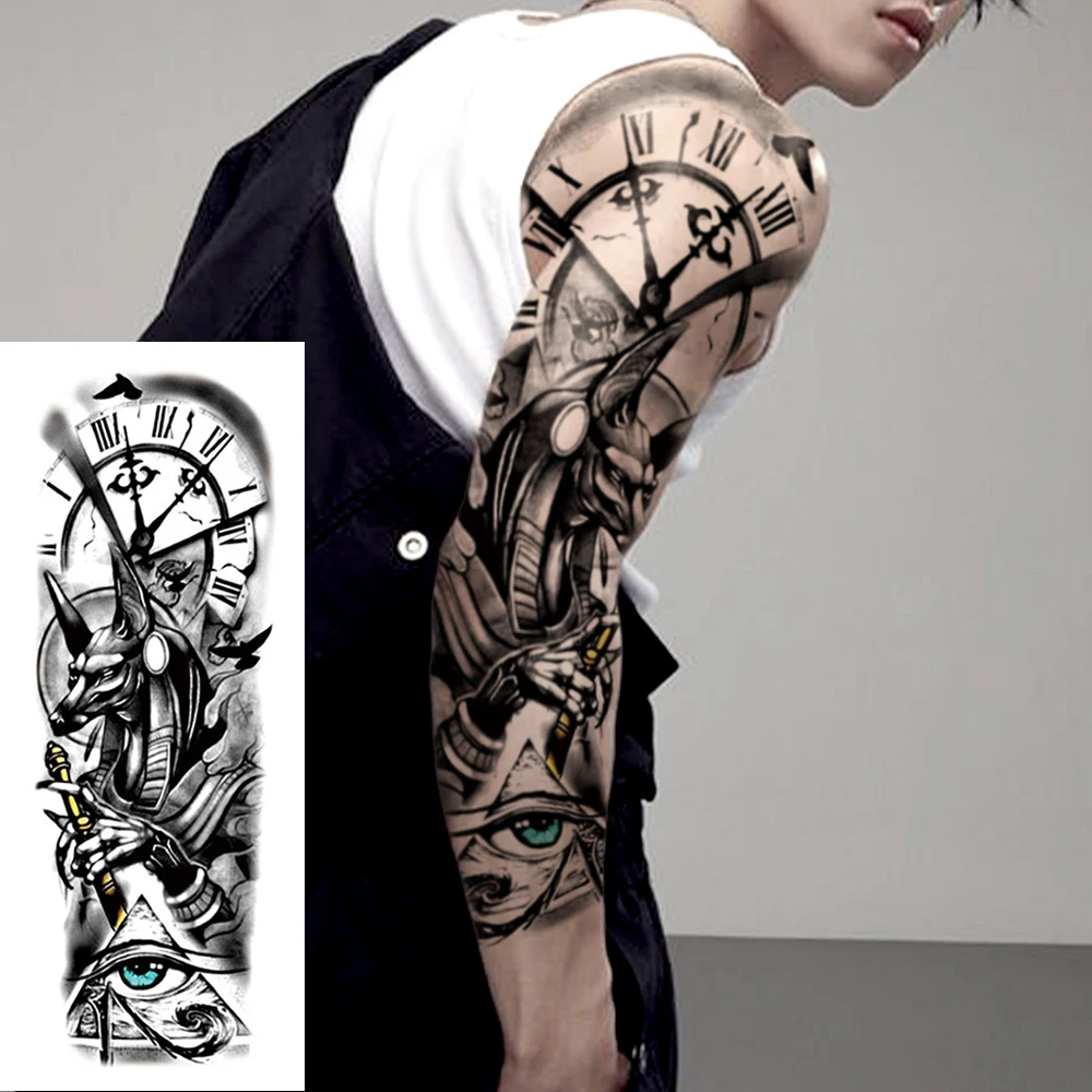 

Large Full Arm Sleeve Waterproof Temporary Tattoo Sticker Mechanical Egyptian Dog Eye Clock Fake Tatoo Body Art Tatto Men Women