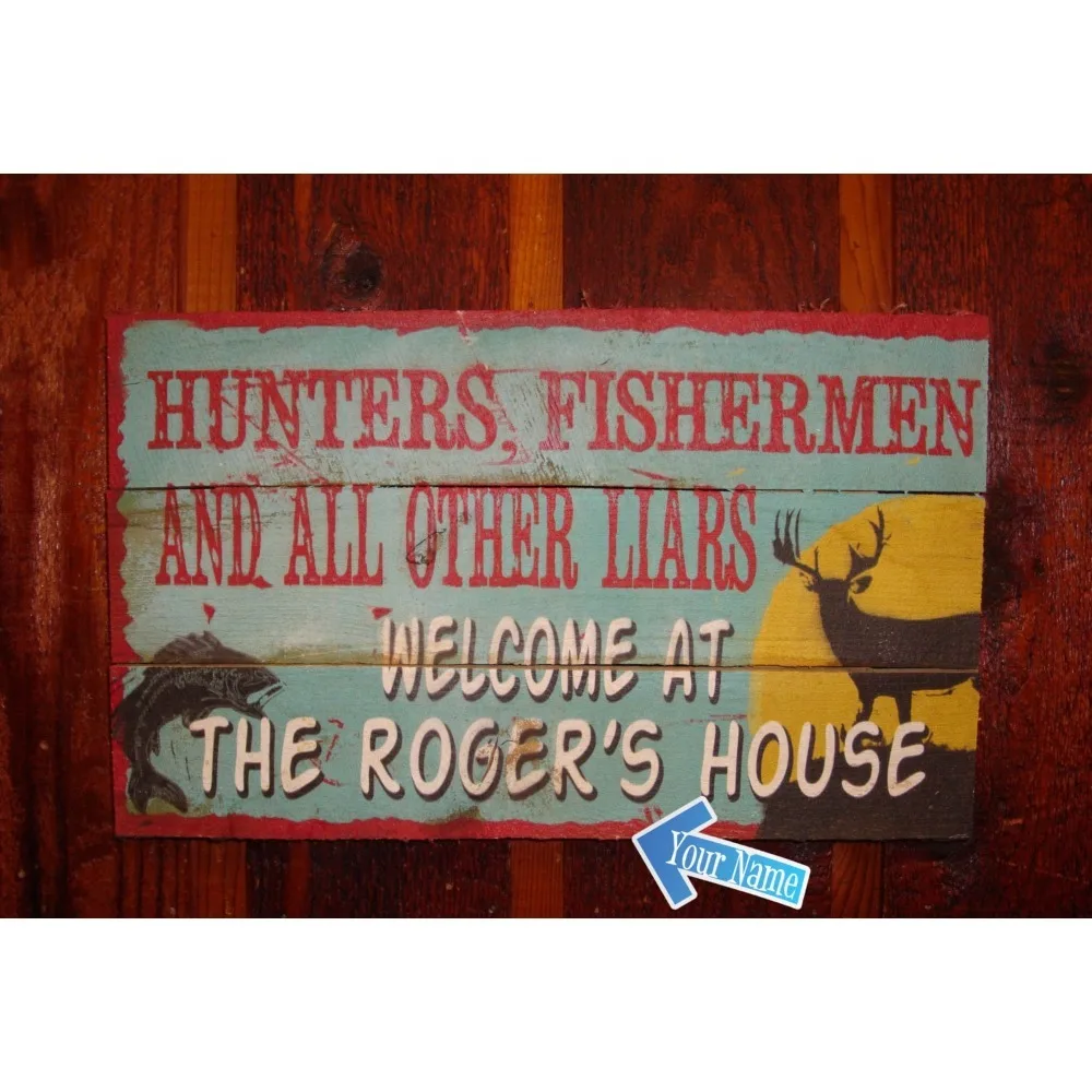 1pc Personalized Name Hunting Fishing Metal Wall Plaque, Vintage Deer Fish Art Sign for Cabin Lodge Decor (Decor Only)