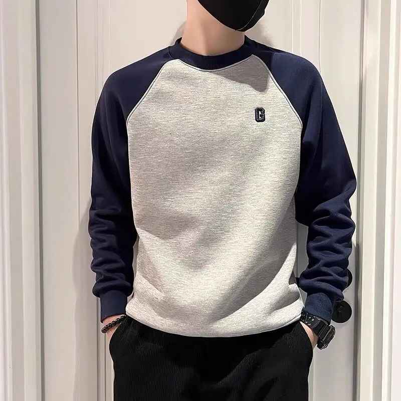 

2023 Spring Autumn Men's Korean Fashion Fashion Business Casual Splice Round Neck Long Sleeve Comfortable Long Sleeve T-shirt