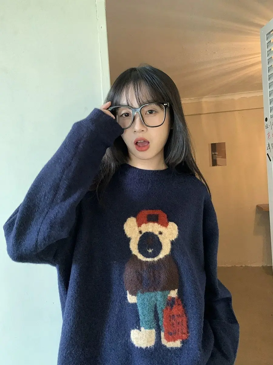 Cute Bear Embroidery Autumn Winter Sweater Women Loose Round Collar Kawaii Knit Top Harajuku Long Sleeve Sueter Mujer Pullover