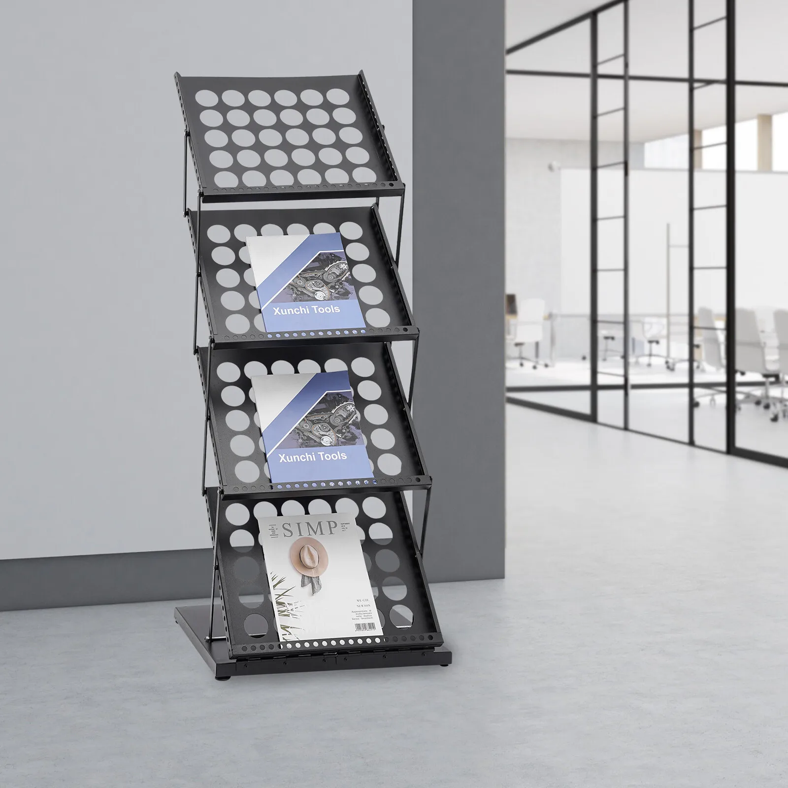 

4 Tiers A3 Brochure Holder Literature Display Rack Portable Black Magazine Stand