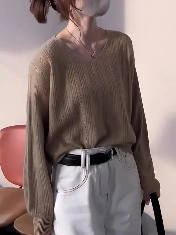 Schicke Khaki-Strickwaren, lang, Swe, lässig, bequem, hautfreundlich, für den Pendelverkehr, neues SLE-Top, weich, gemütlich, reine Farbe, schlichtes Design