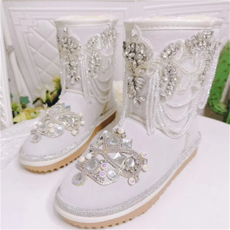 Crystal fringe pearl Jewel accessories Tall snow boots handmade custom white fur one thick women's cotton shoes 35-39