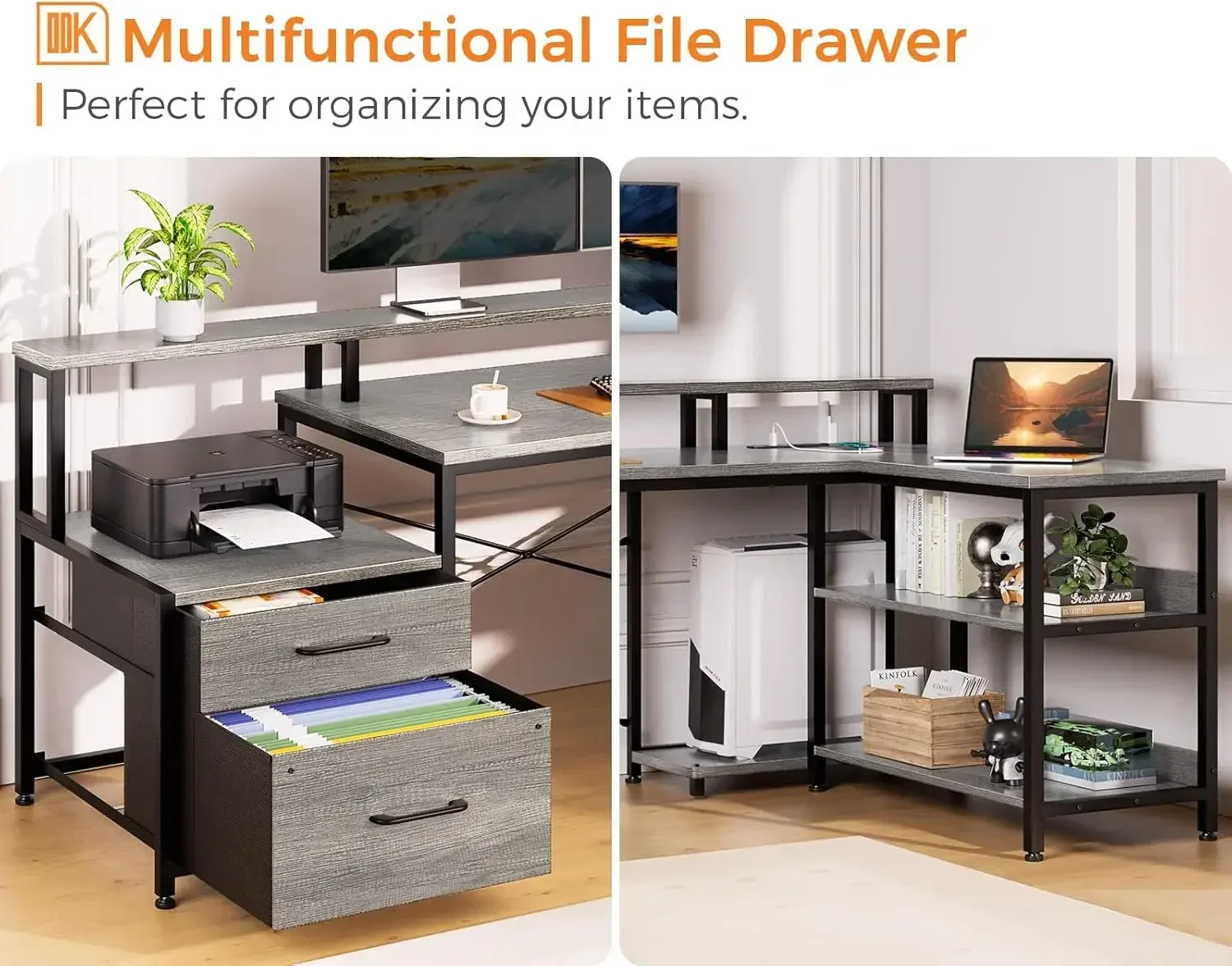 Shaped Desk with File Drawer, 75" Reversible L Shaped Computer Desk with Power Outlet & LED Strip