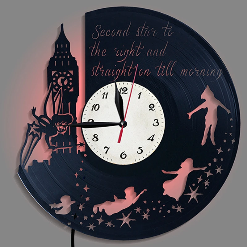 Peter Pan Vinyl Record Wall Clock Creative Retro 16 Colors LED Clocks Home Living Bed Room Decoration