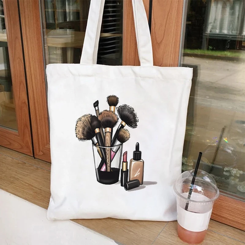 Lipstick Makeup Print Canvas Tote Bag Women Reusable Shopper Bag Harajuku Fashion Lipstick Cosmetics Shoulder Handbag Purse Tote