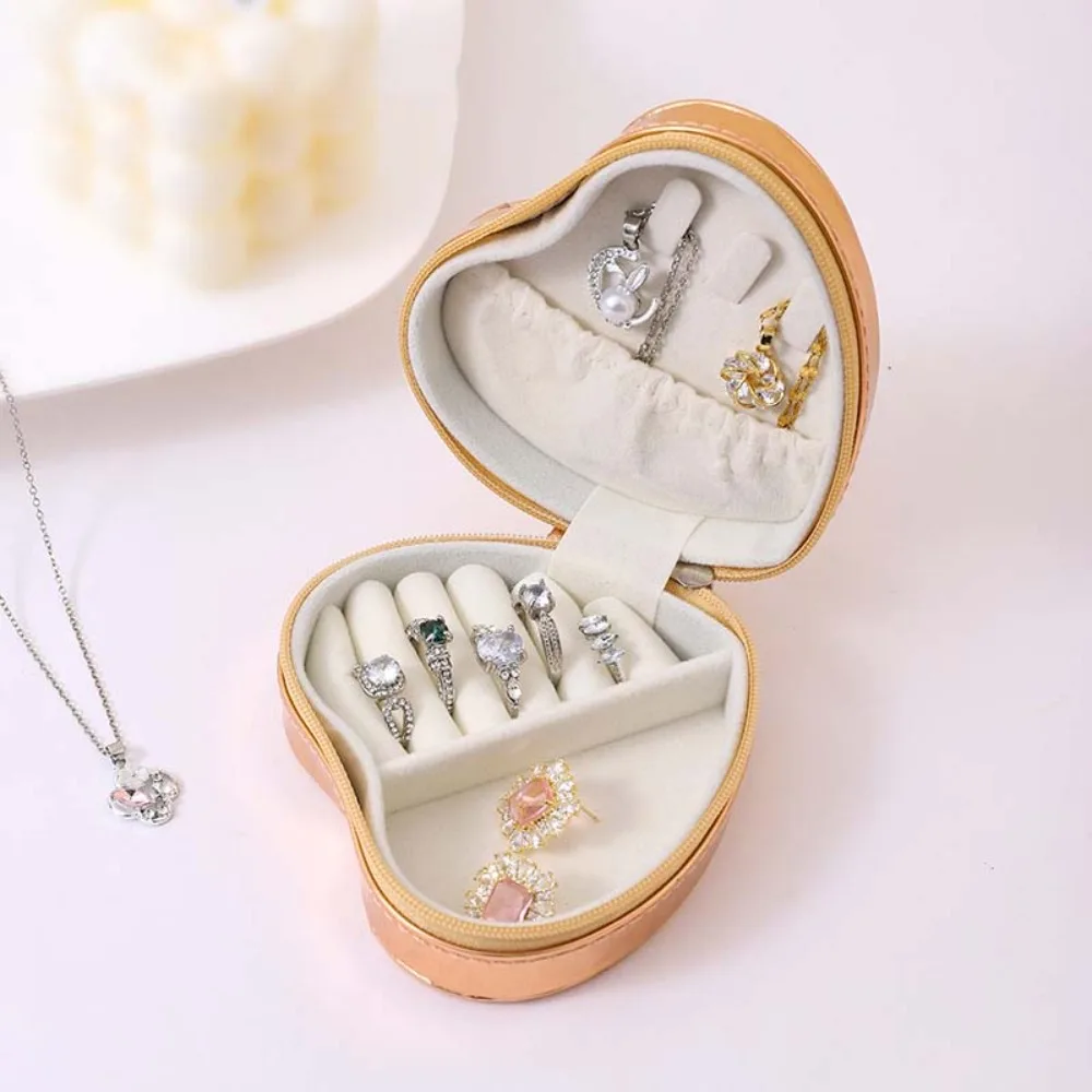 Velvet Travel Jewelry Organizer Box Anti-Scratch Heart-shaped Jewelry Storage Boxes PU Leather Holder Bracelet Carrying Case