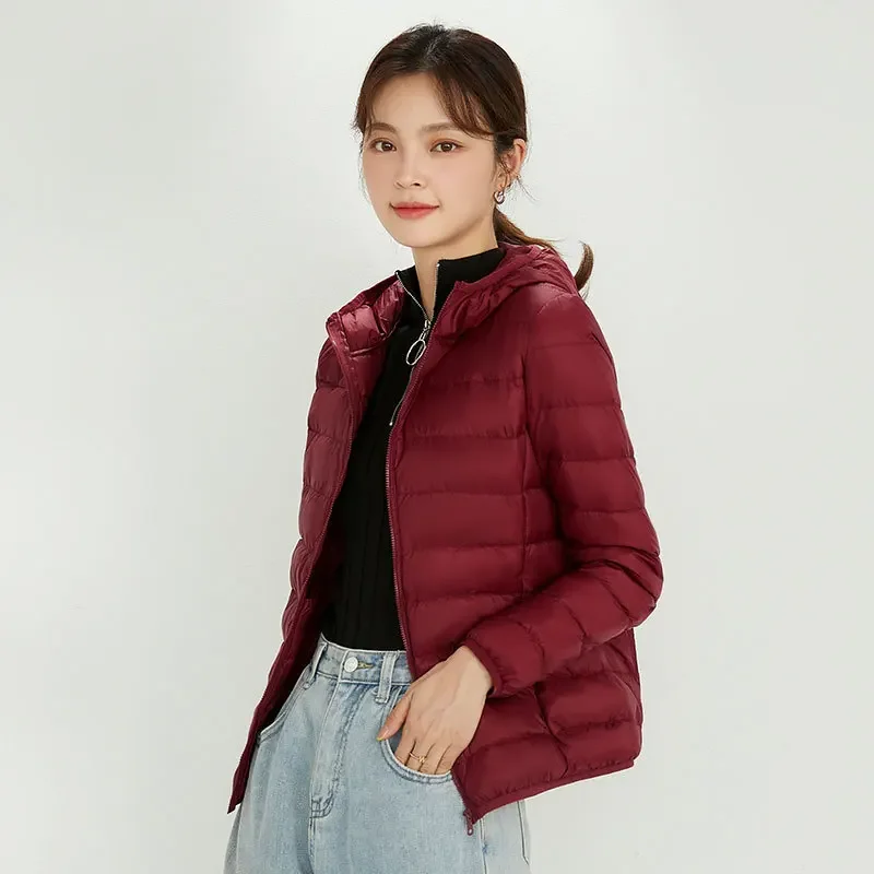 Top Grade Women Fashion Hooded Puffer Jackets 2023 New Arrivlas 90% White Duck Down Female Korean Office Lady Warm Coat