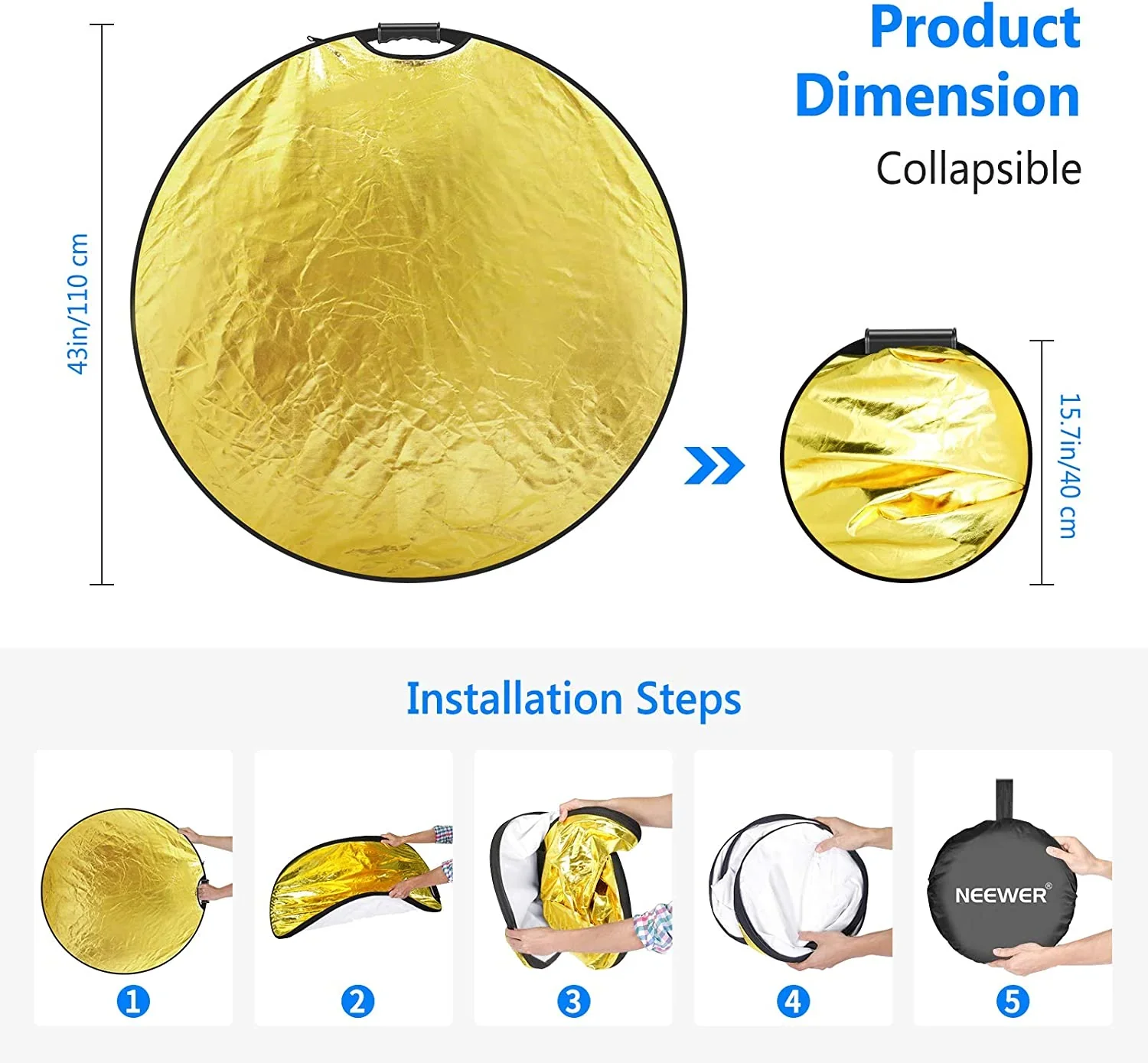 

Складной круглый отражатель NEEWER 5-в-1 – размеры 80 см/110 см, в комплекте с держателем, пять поверхностей для универсального освещения.