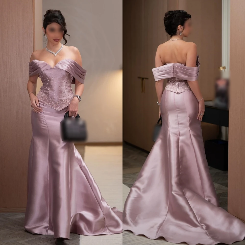 

Customized Charmeuse Pleat Beading Off-the-shoulder Mermaid Long Dresses Bespoke Occasion High Quality Formal Evening Dress