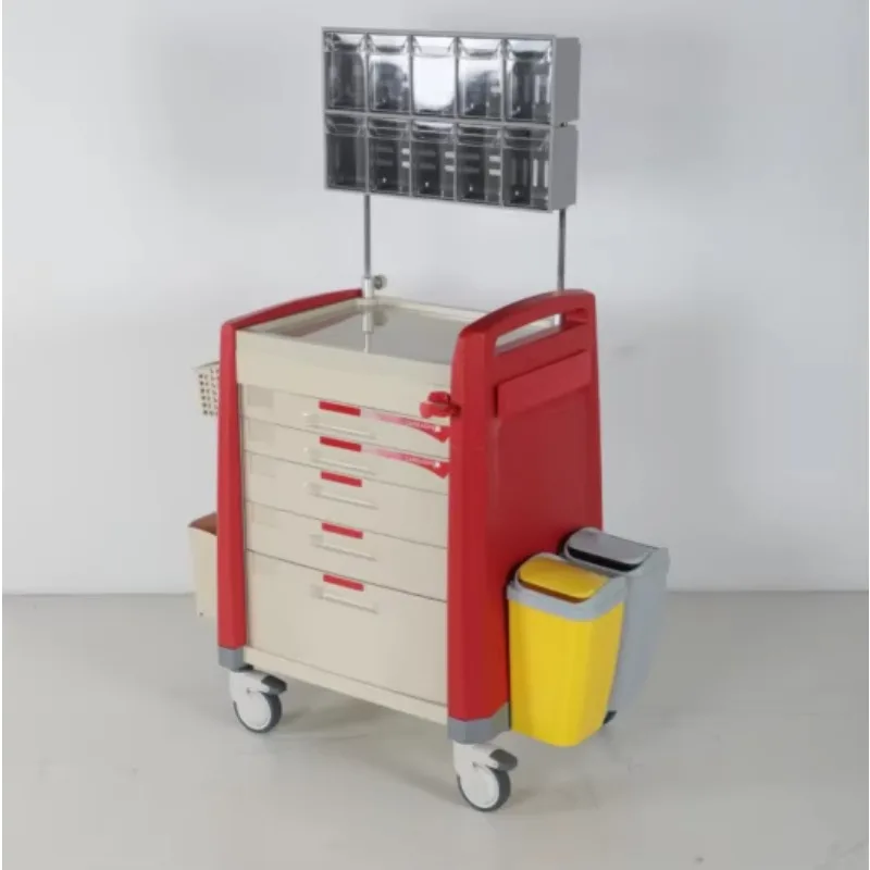 Hospital Abs Anesthesia Cart with Lockable Drawers Side Waste Bin Pull Out Table for Surgical Clinic Icu Nursing U