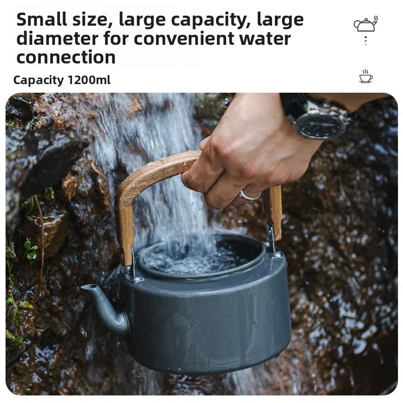 

Чайник из алюминиевого сплава с ручкой из цельного дерева, 1,2 л, портативный уличный чайник, кемпинг, барбекю, кофейный чайник