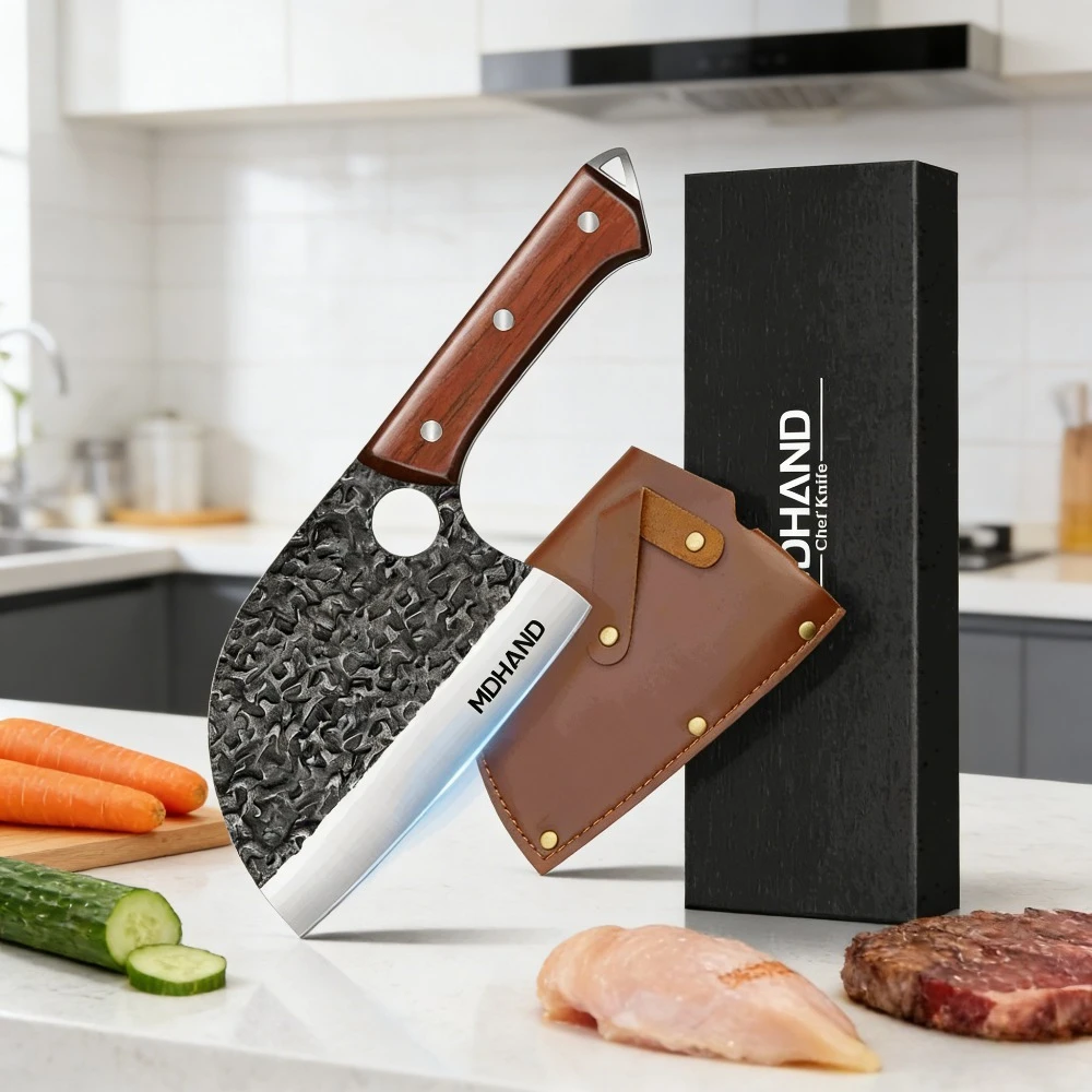 Image of ZENG 7-Zoll Stilvolles Steinwasch-Hammerschlag-Fischkopfmesser, Ergonomischer Holzgriff, Premium Küchenbeil mit Eleganter Geschenkbox