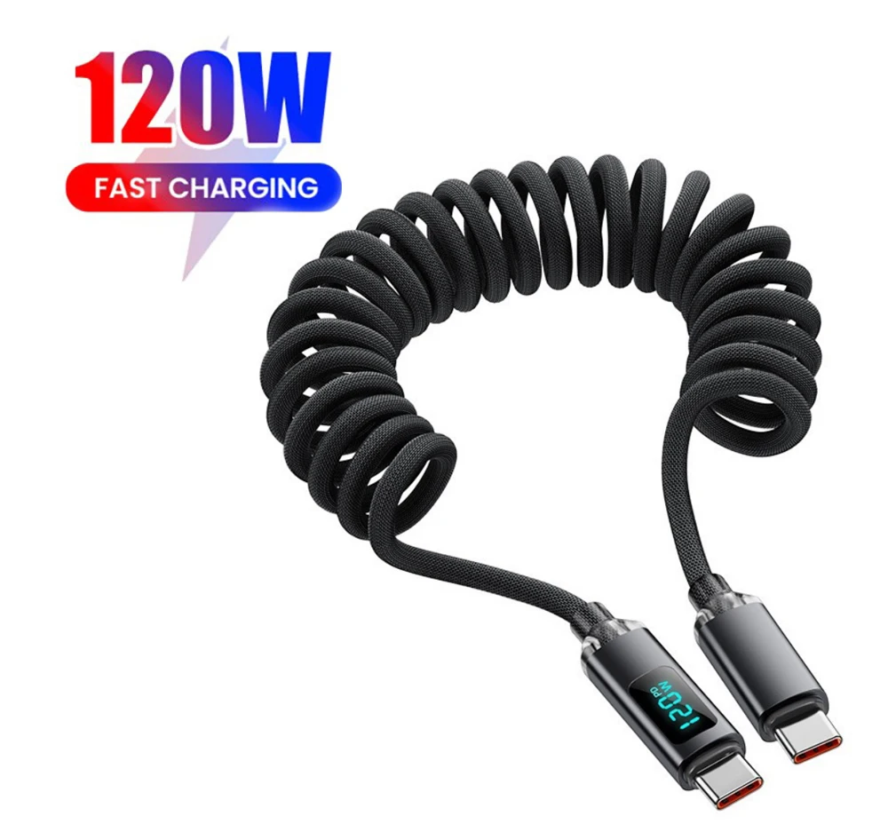 120 W Typ-C-Kabel, Digitalanzeige, Auto-Feder-Ladekabel, einziehbares USB-C auf Typ-C-Schnellladekabel für iPhone 17 Xiaomi