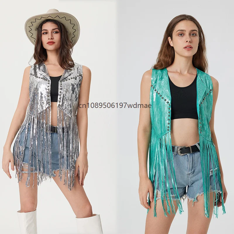 

Hippie Sequin Fringe Vests Womens Glitter Open Front Party Prom Rave Sleeveless Tassels Streetwear Jacket Shiny Disco Stage Coat