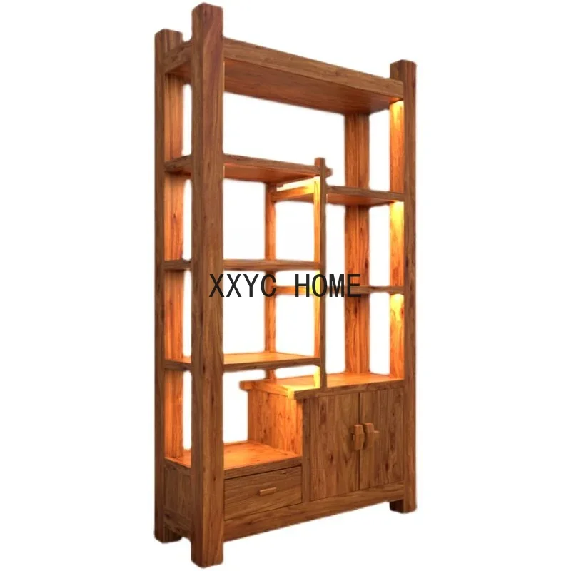 Solid Wood Chinese Old Elm Tea Room Tea Tea Cabinet Office Storage Display Bookshelf Partition