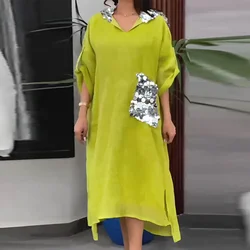 Vintage Female Casual Patchwork Sequin Pocket Boho Beach Dress Fashion Women Loose Swing Pullover Robe Elegant Long Party Dress