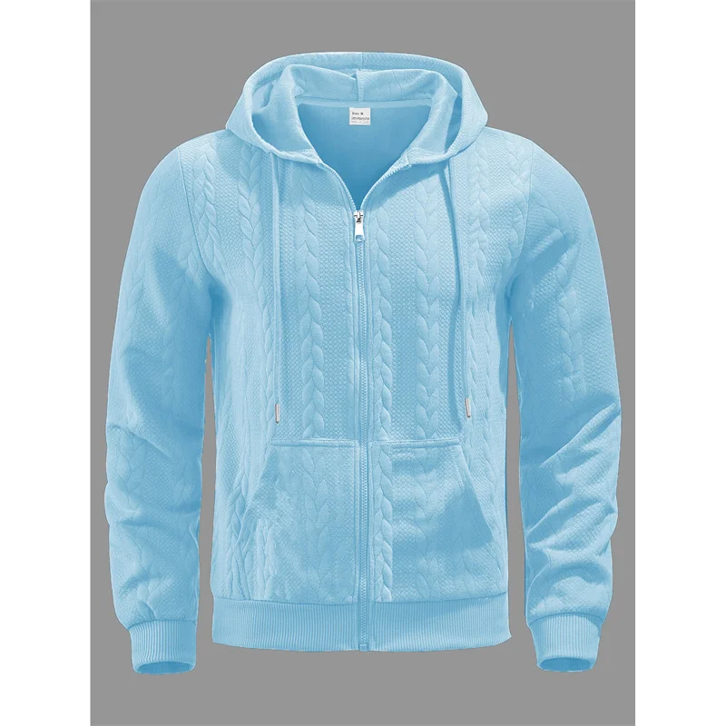 2025 ربيع الخريف نمط جديد الرجال فضفاض لون نقي سستة موضة الجاكار محبوك جاكت مزود بغطاء للرأس الرجال عادية البلوز اللياقة البدنية