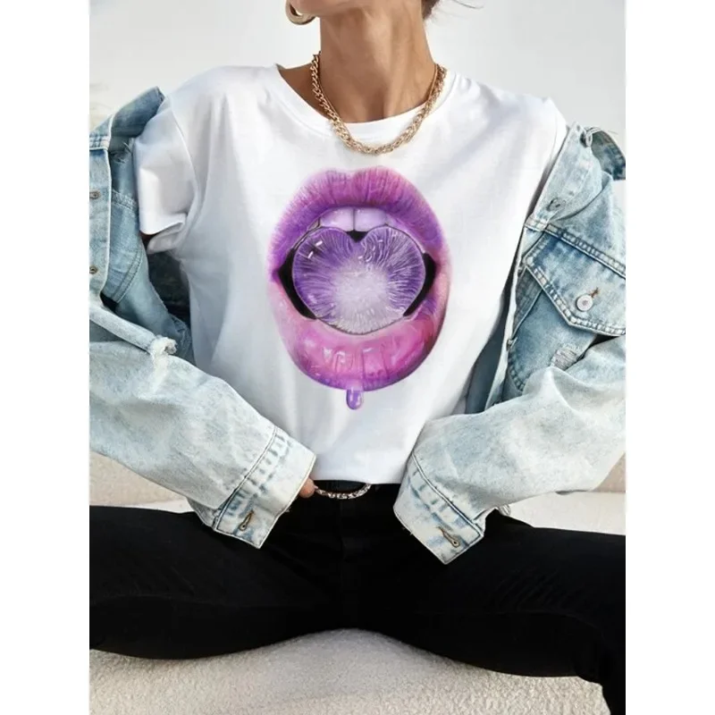 Women's Lips Short Sleeve T-shirt Fashion Print Instagram Base Shirt Women Clothes  Aesthetic Clothes  Graphic T Shirts  Tops