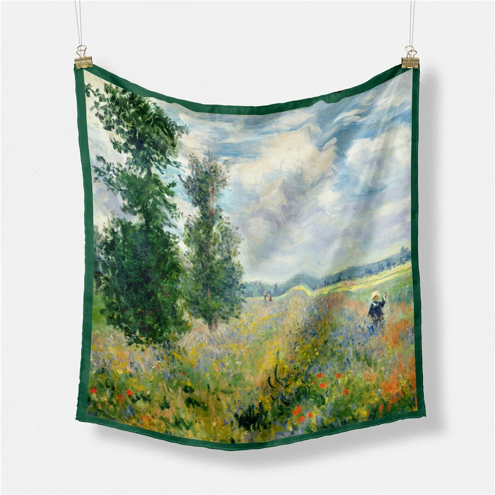 53CM Silk Scarf Woman Sea Of Flowers Painting Square Scarves Wraps Bandana Small Hijab Silk Foulards Tie Headband Neckerchief