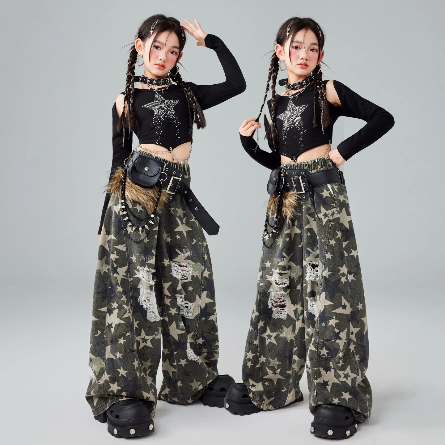 2026 الأطفال الهيب هوب أزياء رقص للفتيات المحاصيل القمم السراويل التمويه Kpop وتتسابق الحديثة الجاز الرقص مرحلة الملابس DQS21703