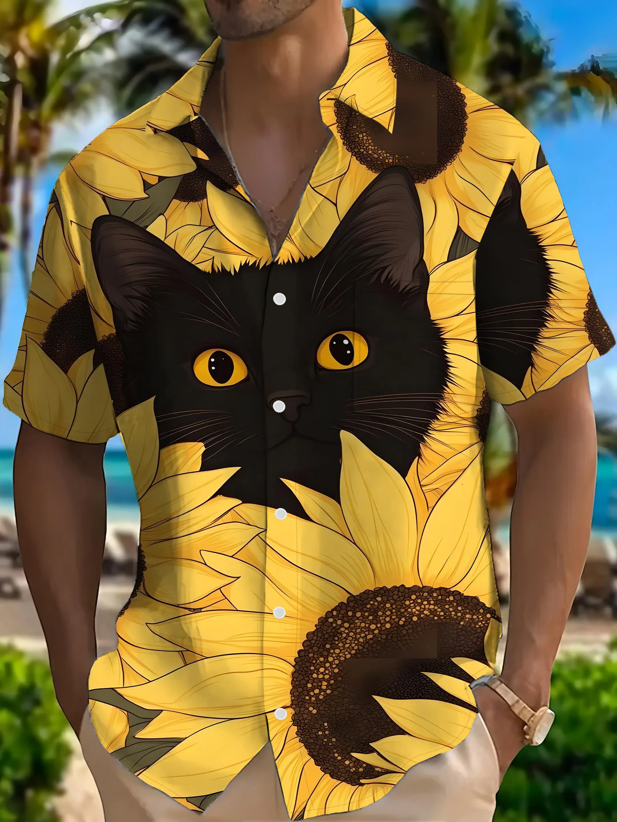 Kemeja Pria Motif Kucing Hitam - Summer Vacation Clothing Men ulasan dan harga