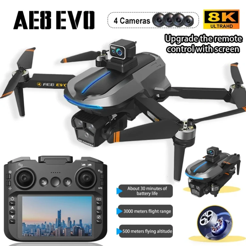 New AE8 EVO GPS Drone 8K Professional HD 4 Lens Camera Dron 5G WIFI FPV Brushless UAV With Screen Remote Control RC Quadcopter