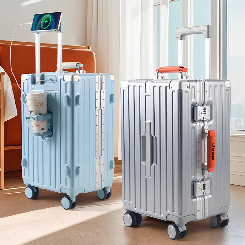 Nova bagagem com estrutura de alumínio de 28 polegadas com grande capacidade mala de cabine de 20 polegadas com suporte de copo mala unissex com senha