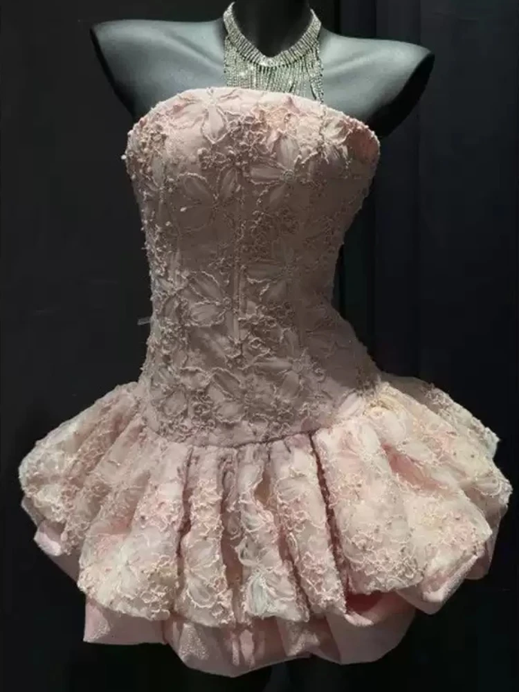 

French Sweet Fashion Pink Evening Dress Women Chic Design Fairy Strapless Slim Dress Japanese New Lovely Birthday Party Outfits