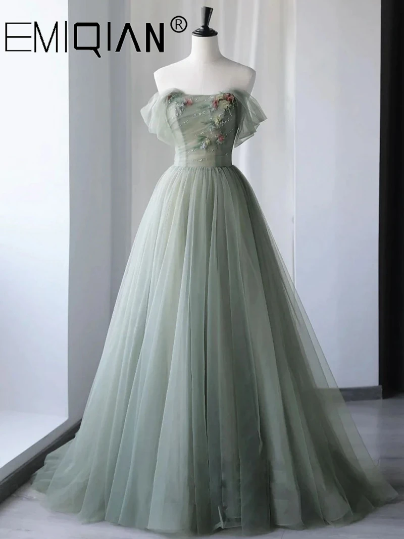 Sage Green Beaded Evening Dress A-Line Off Shoulder Pleat Tulle Floor Length Sweep Train Party Prom Gown with Petal Flowers