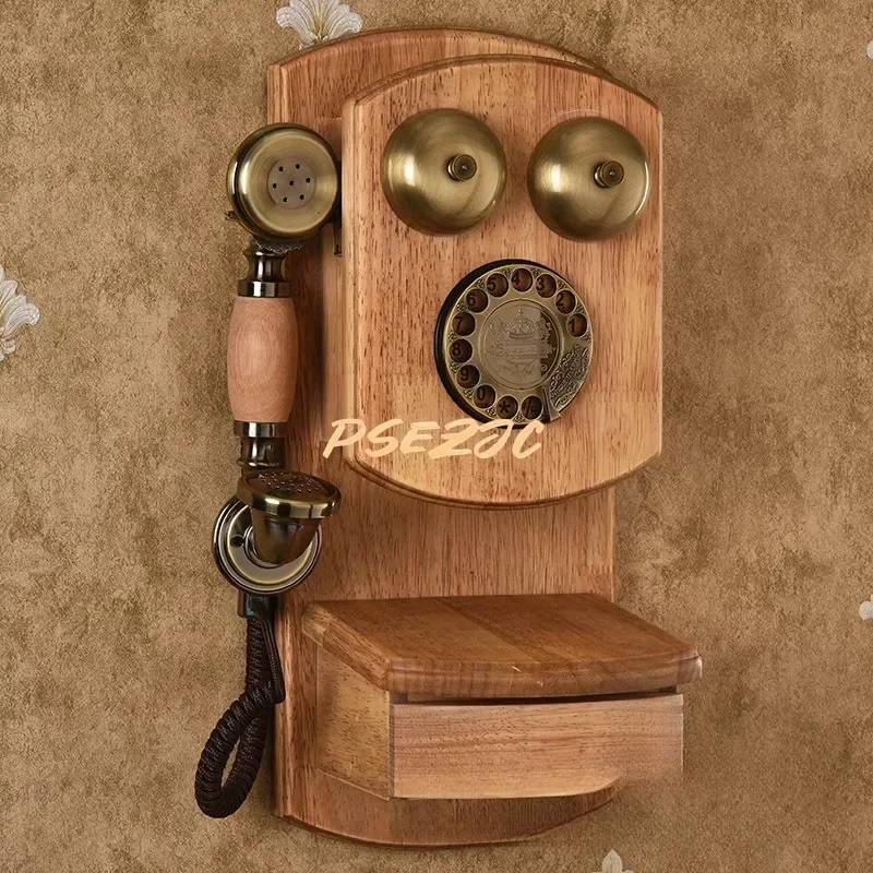 Household Wall Mounted Solid Wood Retro Turntable Telephone Set Old-fashioned Antique Wired  Props