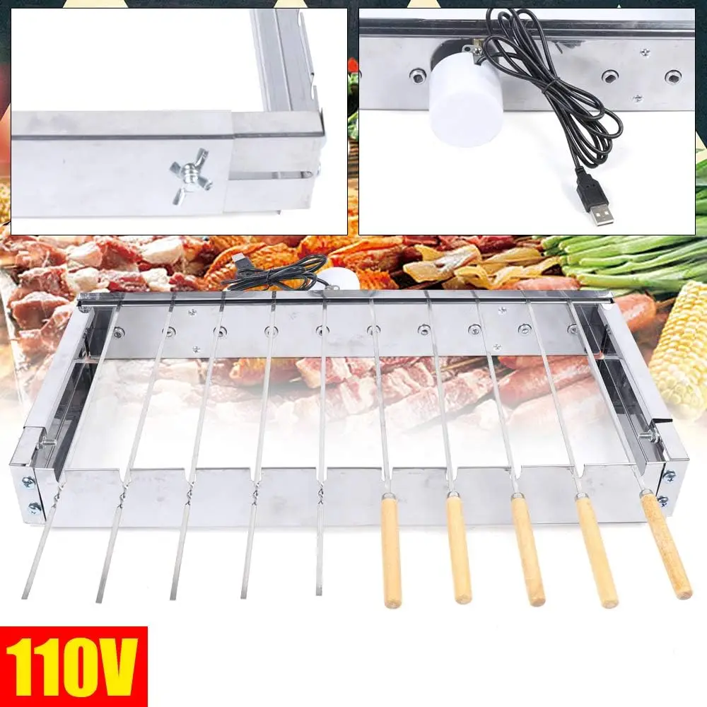 10 Skewers Portable Auto Rotating Rotisserie Grill Rack Kabob Shish Shelf Electric Roaster Stainless Steel Rolling Shelf w/USB