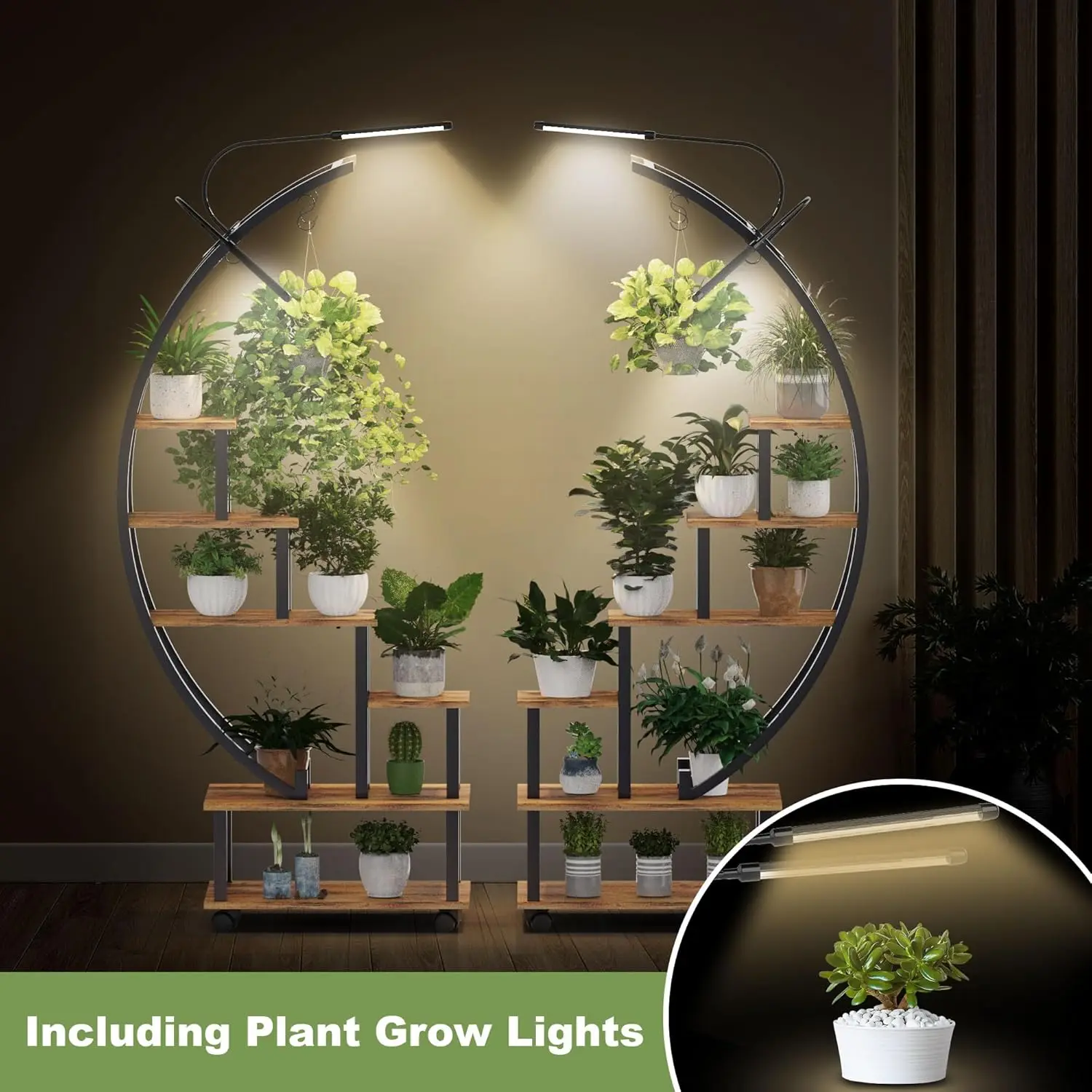 Plant Stand with Grow Light 6 Tier Tall Plant Stand Indoor with 4 Hanging Hooks Half Moon Shaped Ladder Plant Shelf Display