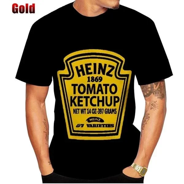 Summer New Fashion Heinz Tomato Ketchup T-shirt Men's Women's Street Casual Hip-hop Male Round Neck Short Sleeve Top Clothing