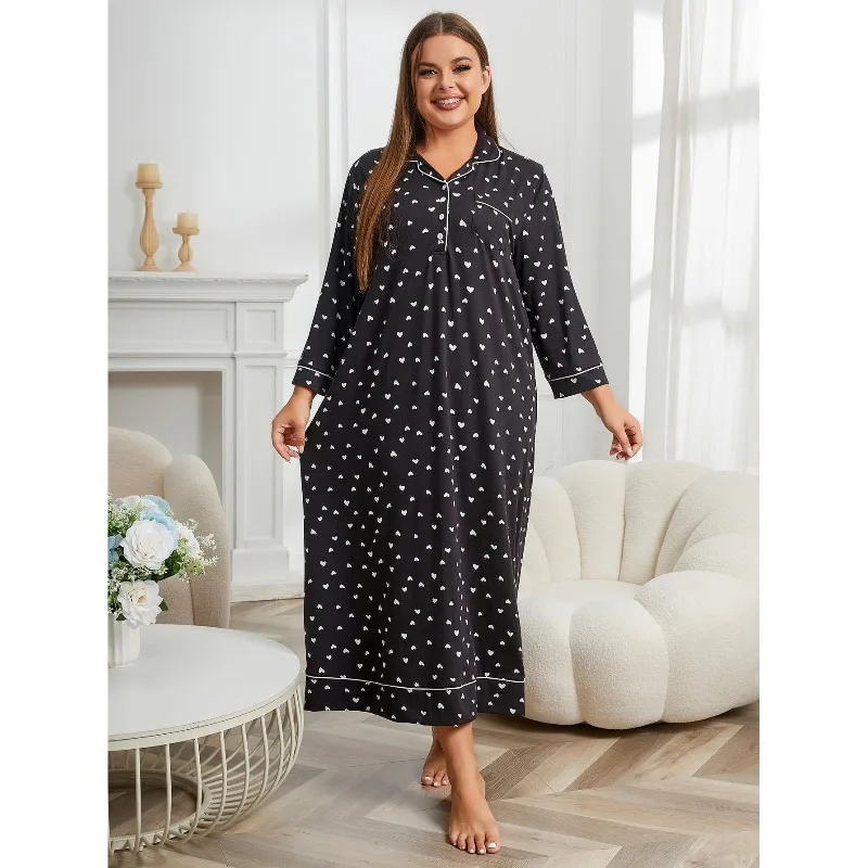 

1pcs Plus Size Heart Print Nightgown Women's Loose Long Sleeve Sleep Dress Soft Loungewear for Daily