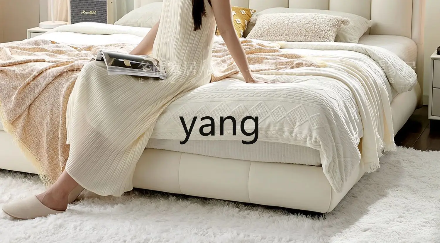 LH cream style master bedroom first layer cowhide high-end light luxury modern simple double leather bed