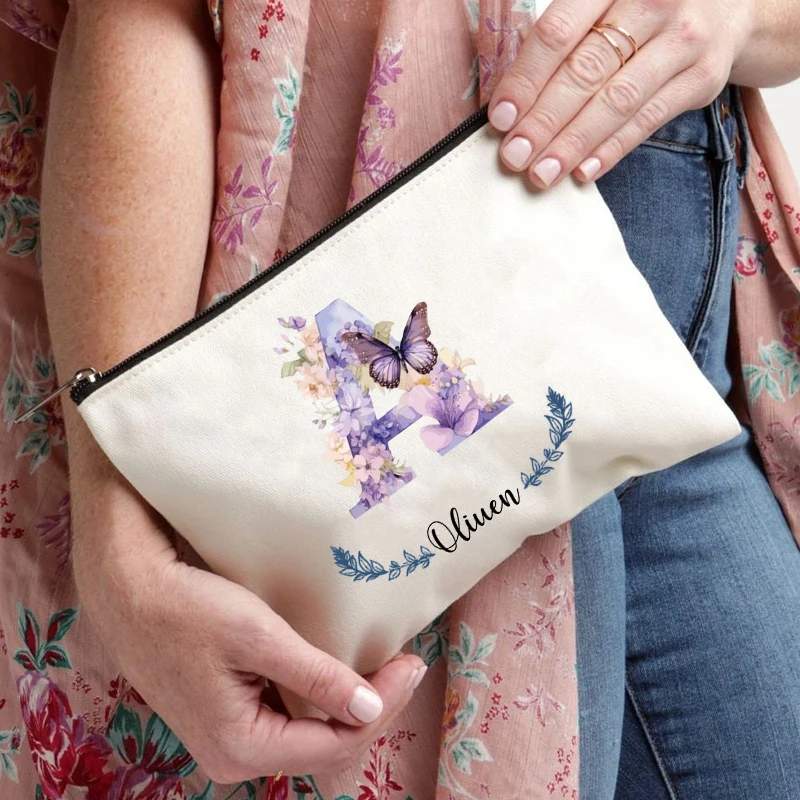 Personalized Name Butterfly Cosmetic Case Art Gift for Bridesmaid Teachers Friends Women Makeup Bag Bachelorette Party Gift