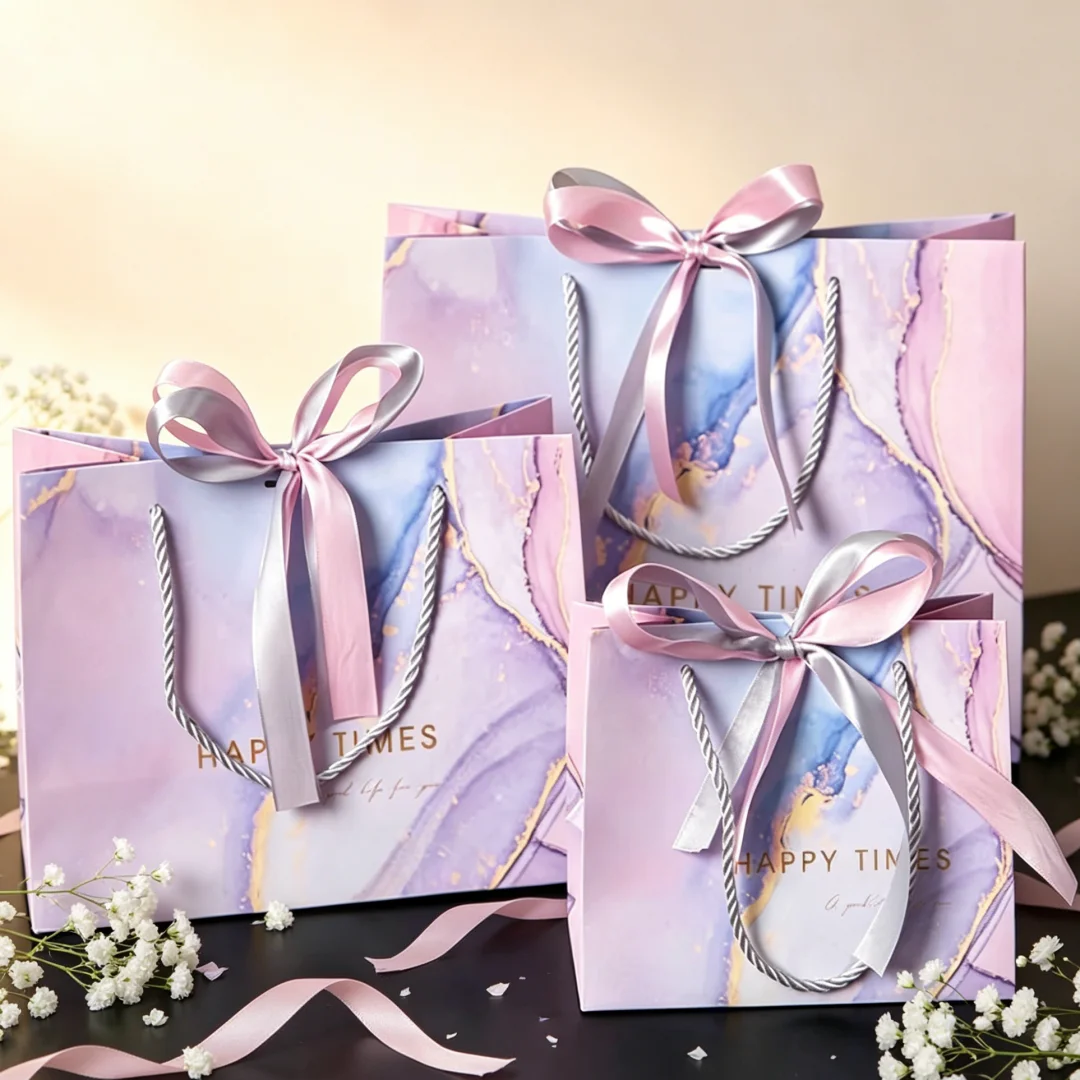 

24pcs Paper Wedding Party bag Custom Jewelry Package with Gold Pink Bow Shopping Baby Shower Birthday Candy Packaging