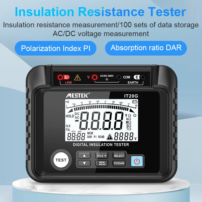 Mestek 200GΩ 2500V Digital Insulation Resistance Tester 1000V 20GΩ LCD Precision AC/DC Voltage Megohmmeter PI/DAR Data Store