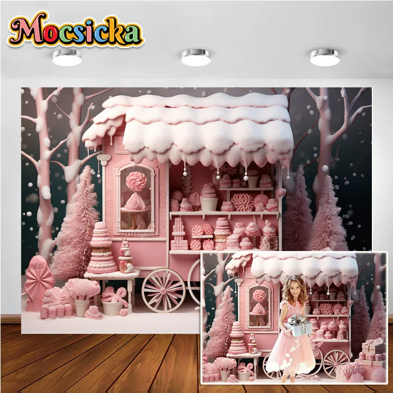 

Mocsicka Christmas Xmas Pink Ice Cream Truck Decor Winter Background For Children Portrait Photo Shoot Backdrop Studio Props