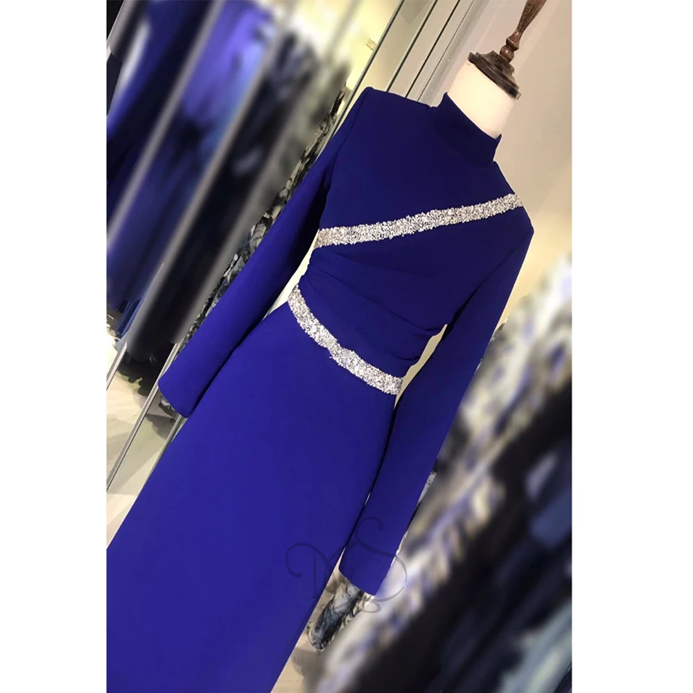 Gaun malam Formal biru untuk wanita gaun Prom lengan penuh leher tinggi dengan Jersey Kristal Panjang lantai jubah De Soiree