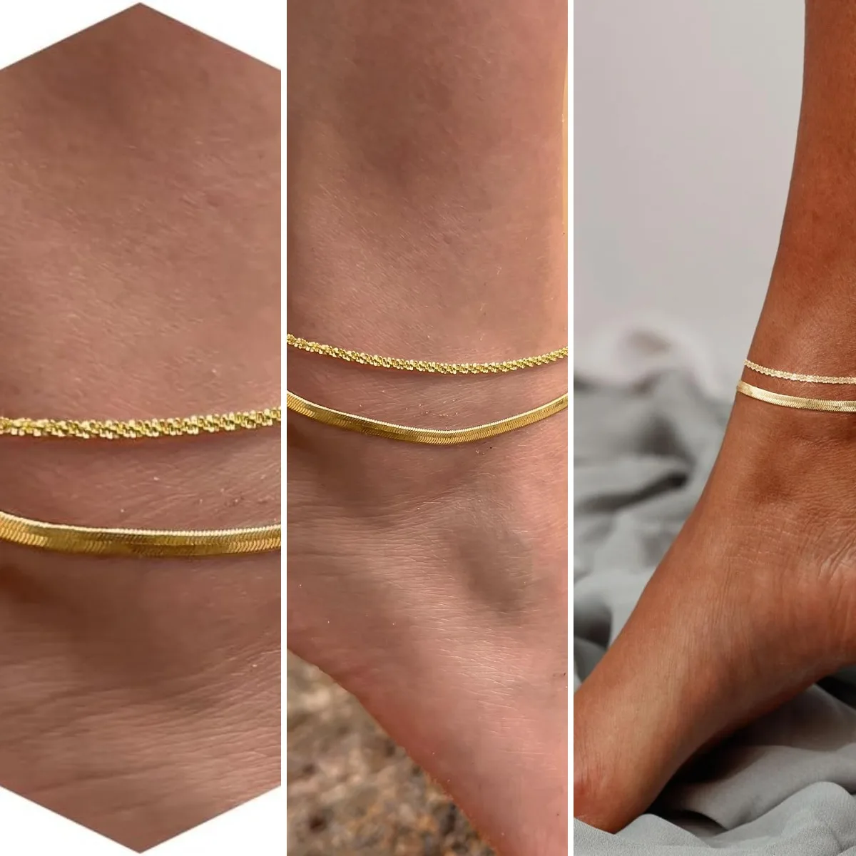 14K Gold Plated Ankle Bracelets for Women, Anklets for Women Waterproof Layered Ankle Bracelets for Women Teen Girl Herringbone