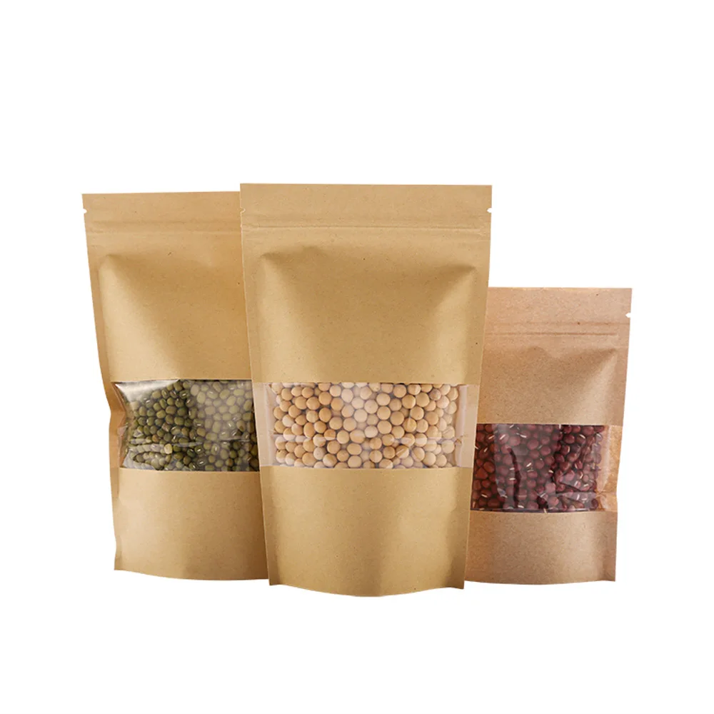 100pcs Brown Standing Up Kraft Paper Zipper Resealable Bags with Clear Window - Food Grade Craft-paper Pouches Tea Snack Package